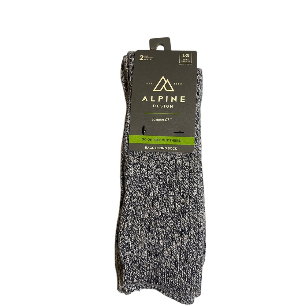 Alpine Design Ragg Hiking Socks 2-Pair‎ Crew Cut Moisture Wicking Large